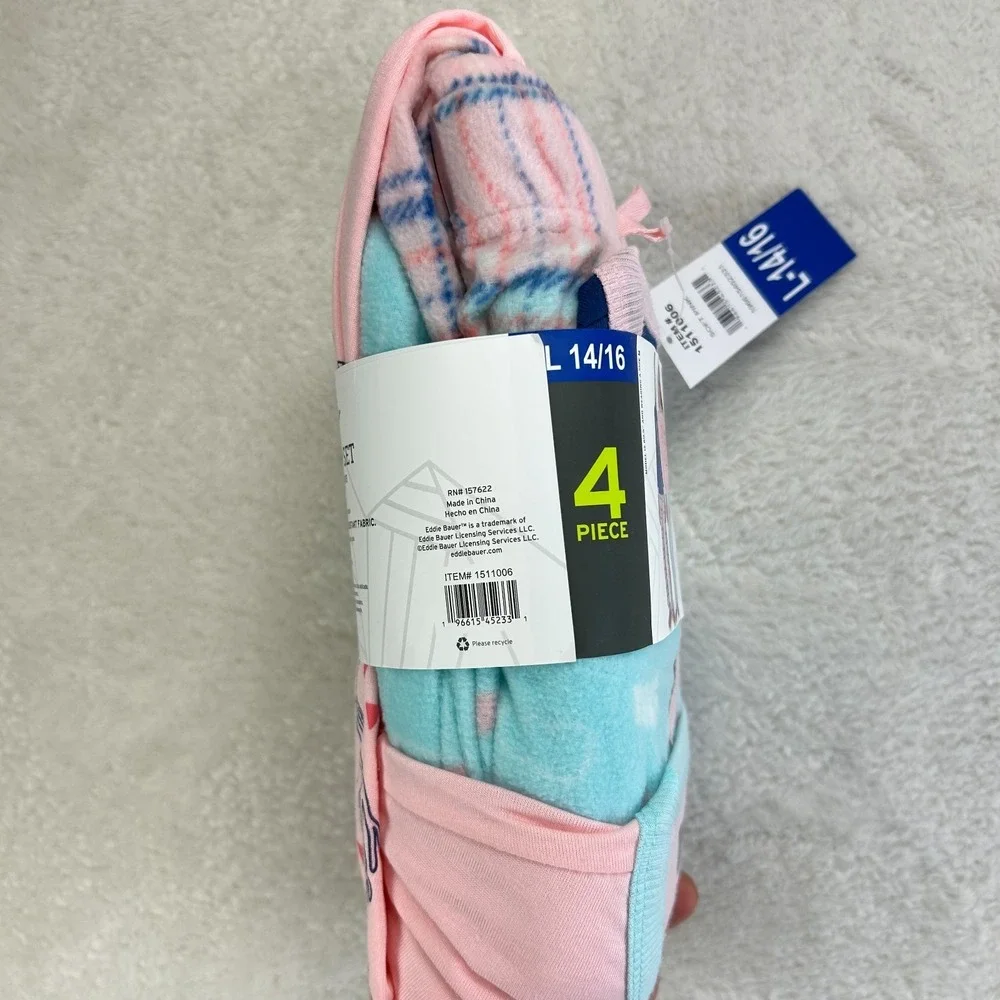 NWT Eddie Bauer Kids Pajama Set Girls L 14/16 Pink Blue Fleece 4 Piece Sleep Set